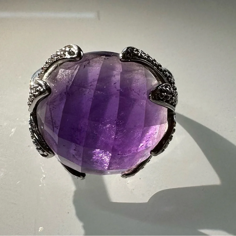 925 Sterling Silver Royal Purple Amethyst Cocktail Ring Size 9 Checkerboard Cut - Picture 4 of 9